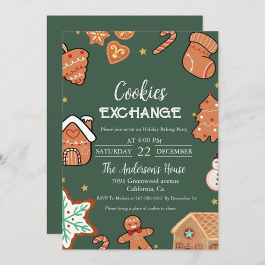 グリーンクリスマスクッキー交換クリスマスパーティー 招待状 (正面/裏面)