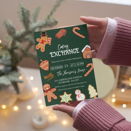 グリーンクリスマスクッキー交換パーティの招待状 案内状