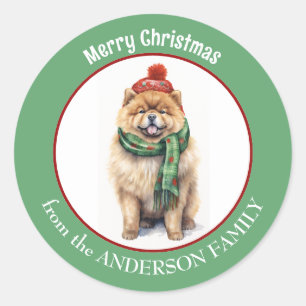 グリーンクリスマススカーフとレッドハットでチャウ犬 ラウンドシール
