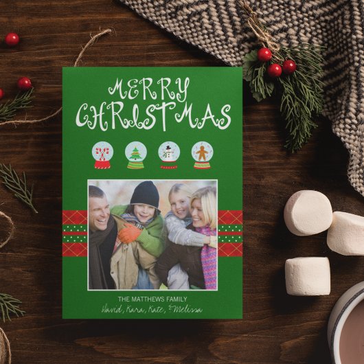 グリーンクリスマススノーグローブズホリデーフォトカード シーズンカード