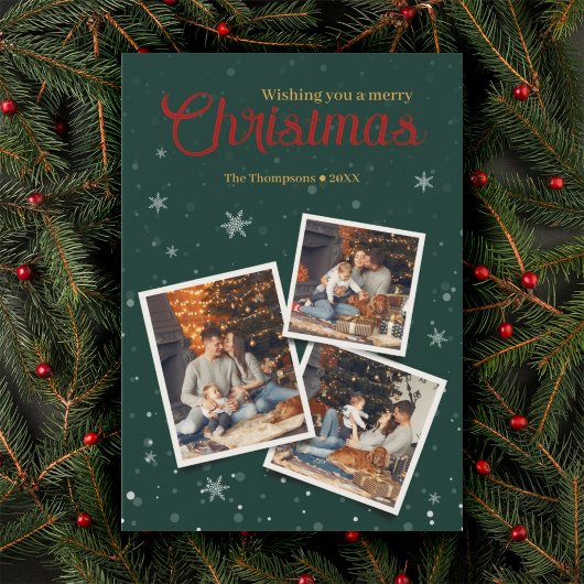 グリーンクリスマススノーフレーク写真コラージュ シーズンカード