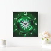 グリーンクリスマススノーフレーク時計 スクエア壁時計 (ホーム)