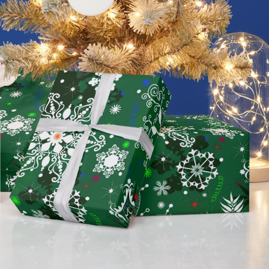 グリーンクリスマススノーフレーク模様のラッピング紙 ラッピングペーパー (クリスマス)