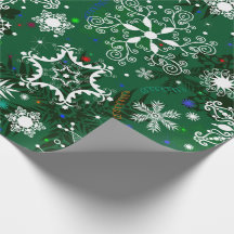 グリーンクリスマススノーフレーク模様のラッピング紙