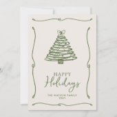 グリーンクリスマスツリーの手描きリボン シーズンカード (正面)