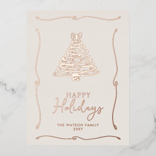 グリーンクリスマスツリーの手描きリボン 箔シーズンポストカード (正面)