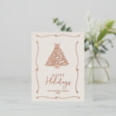 グリーンクリスマスツリーの手描きリボン 箔シーズンポストカード (立ち正面)