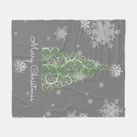 グリーンクリスマスツリーアンドスノーフレークフリースブランケット フリースブランケット (正面(横))
