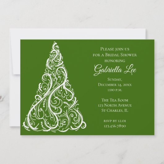 グリーンクリスマスツリーウィンターブライダルシャワー 招待状 (正面)