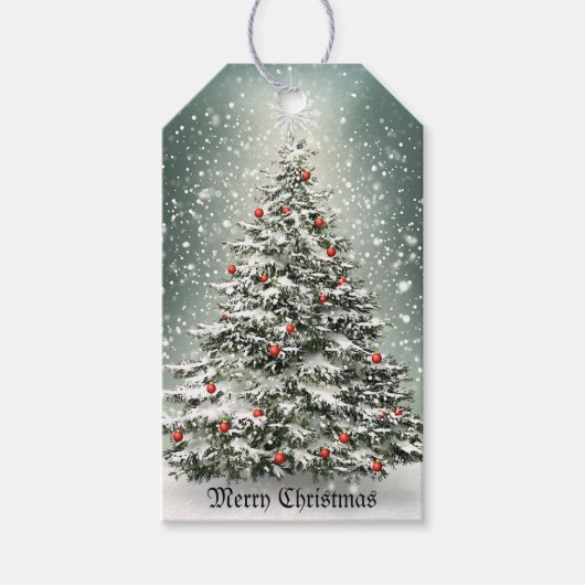 グリーンクリスマスツリーカラフルオーナメント白雪 ギフトタグ (正面)