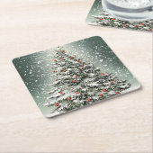 グリーンクリスマスツリーカラフルオーナメント白雪 スクエアペーパーコースター (アングル)
