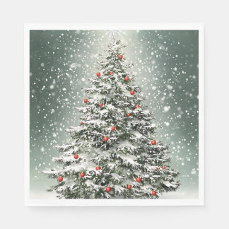 グリーンクリスマスツリーカラフルオーナメント白雪 スタンダードランチョンナプキン