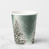 グリーンクリスマスツリーカラフルオーナメント白雪 紙コップ (正面)