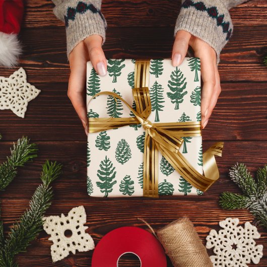 グリーンクリスマスツリーパインツリーホワイトスノー ラッピングペーパー