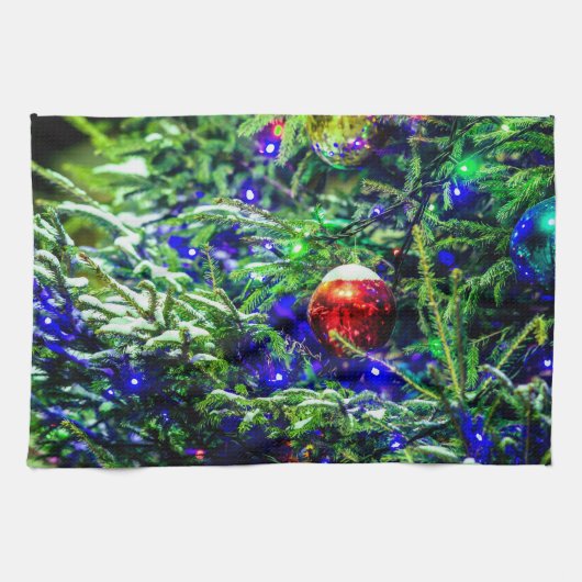 グリーンクリスマスツリーレッドボール キッチンタオル (横)