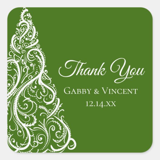 グリーンクリスマスツリー冬ありがとうメッセージカード スクエアシール (正面)