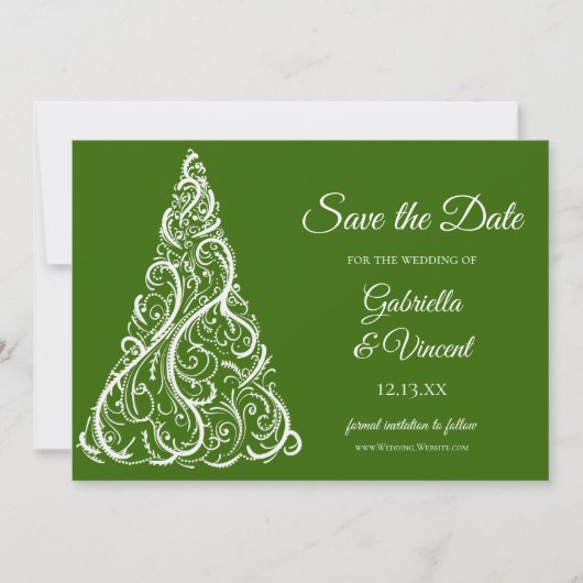 グリーンクリスマスツリー冬の結婚式の日付を保存 招待状 (正面)