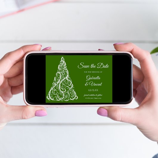 グリーンクリスマスツリー冬の結婚式の日付を保存 招待状