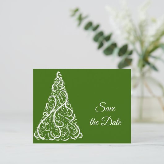 グリーンクリスマスツリー冬の結婚式の日付を保存 案内ポストカード (スタンド正面)