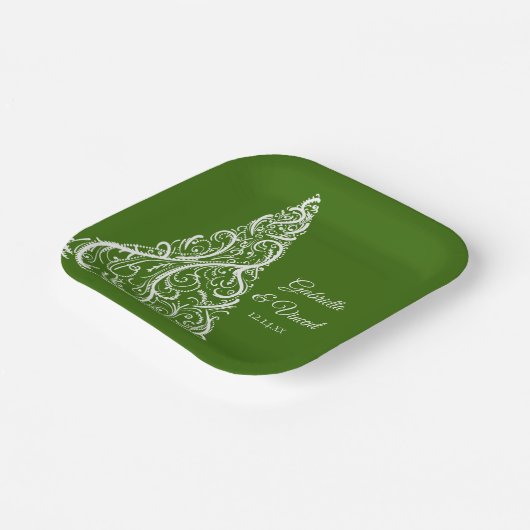 グリーンクリスマスツリー冬の結婚式 ペーパープレート (傾斜あり)