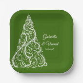 グリーンクリスマスツリー冬の結婚式 ペーパープレート (正面)