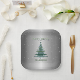 グリーンクリスマスツリー名カスタム付きシルバーフォイル ペーパープレート