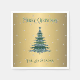 グリーンクリスマスツリー名前をカスタムするゴールドフォイル スタンダードカクテルナプキン
