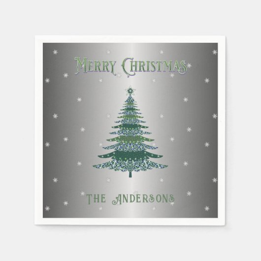 グリーンクリスマスツリー名前をカスタムする銀箔 スタンダードカクテルナプキン (正面)