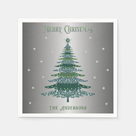 グリーンクリスマスツリー名前をカスタムする銀箔 スタンダードカクテルナプキン