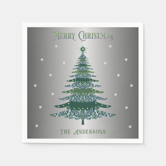 グリーンクリスマスツリー名前をカスタムする銀箔 スタンダードカクテルナプキン (正面)