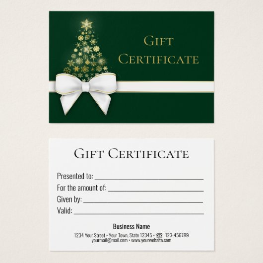 グリーンクリスマスツリー金ゴールドスノーフレーク弓ギフトカード (正面&裏面)