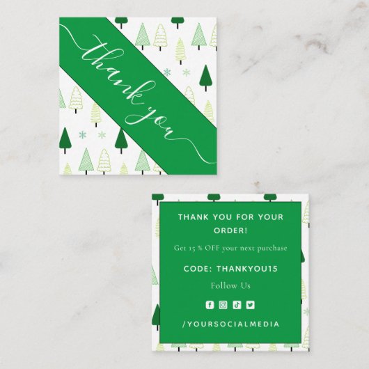 グリーンクリスマスツリー&スノーサンキューソーシャルメディア スクエア名刺 (正面/裏面)