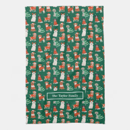 グリーンクリスマスドッグパーソナライズされた キッチンタオル