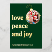 グリーンクリスマスファミリーフォトラブピースジョイゴールド 箔シーズンカード (正面)