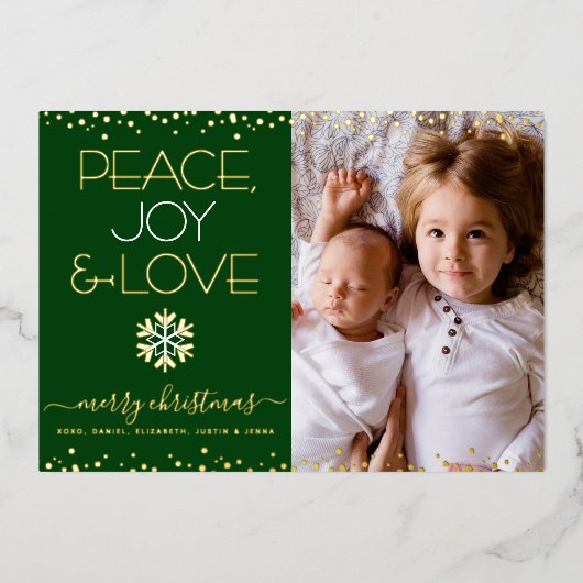 グリーンクリスマスフォトピースジョイ愛実在の金ゴールド 箔シーズンカード (正面)
