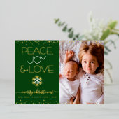 グリーンクリスマスフォトピースジョイ愛実在の金ゴールド 箔シーズンカード (立ち正面)