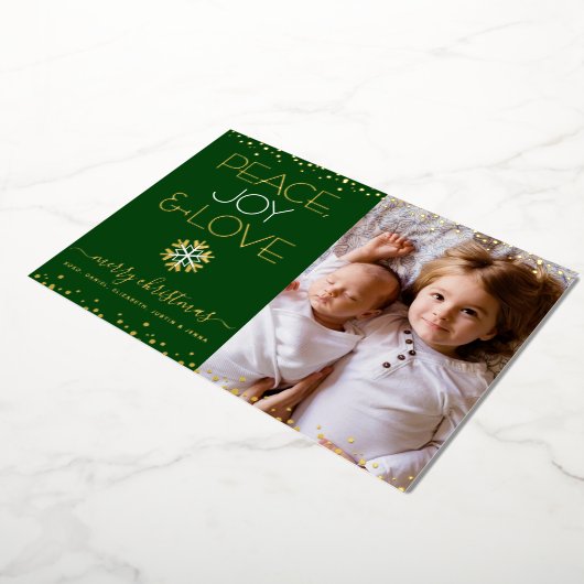 グリーンクリスマスフォトピースジョイ愛実在の金ゴールド 箔シーズンカード (回転した状態)