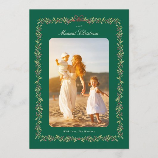 グリーンクリスマスボウボタニカルフレーム写真 シーズンカード (正面)