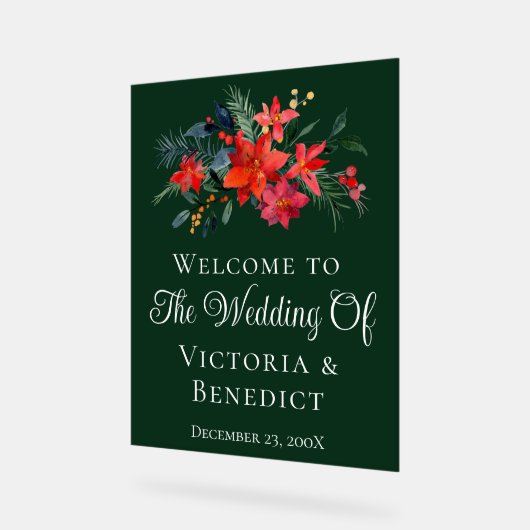 グリーンクリスマスポインセチアフローラ結婚ウェルカム アクリルサイン (傾斜)