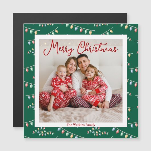 グリーンクリスマスライトかわいいフォトマグネットカード (正面/裏面)