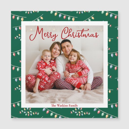 グリーンクリスマスライトかわいいフォトマグネットカード (正面)