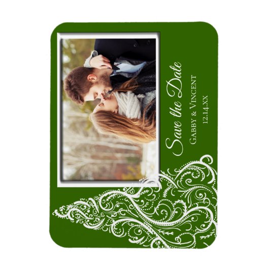 グリーンクリスマス冬の結婚式の日付写真を保存 マグネット (縦)
