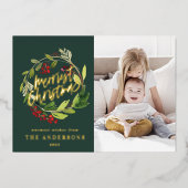 グリーンクリスマス ボタニカル エレガント モダン フォト 箔シーズンカード (正面)