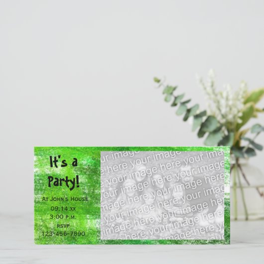 グリーンクレヨンスクライブズパーティの招待状フォトカード (スタンド正面)