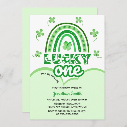 グリーンクローバーラッキーワンレインボー誕生日 招待状 (正面/裏面)