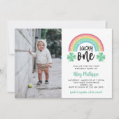 グリーンクローバーレインボーラッキーワン写真1st誕生日 招待状 (正面)