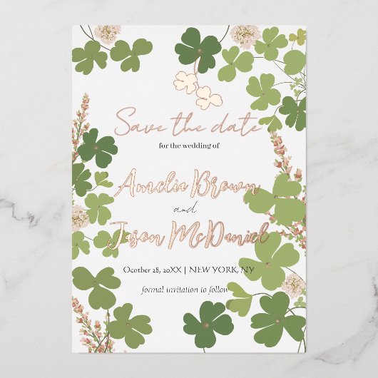 グリーンクローバー春結婚ワイルドフラワー救ズザ 箔招待状 (正面)