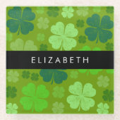グリーンクローバー、ラッキークローバー、あなたの名前 ガラスコースター (正面)
