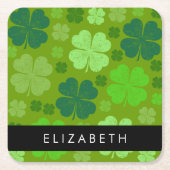 グリーンクローバー、ラッキークローバー、あなたの名前 スクエアペーパーコースター (正面)
