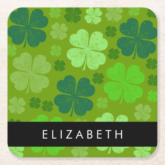 グリーンクローバー、ラッキークローバー、あなたの名前 スクエアペーパーコースター (正面)